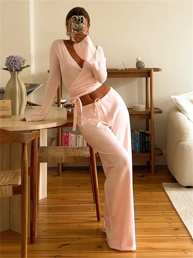 Loose Pants Leisure Suit Women Flare Sleeve Crop - Other