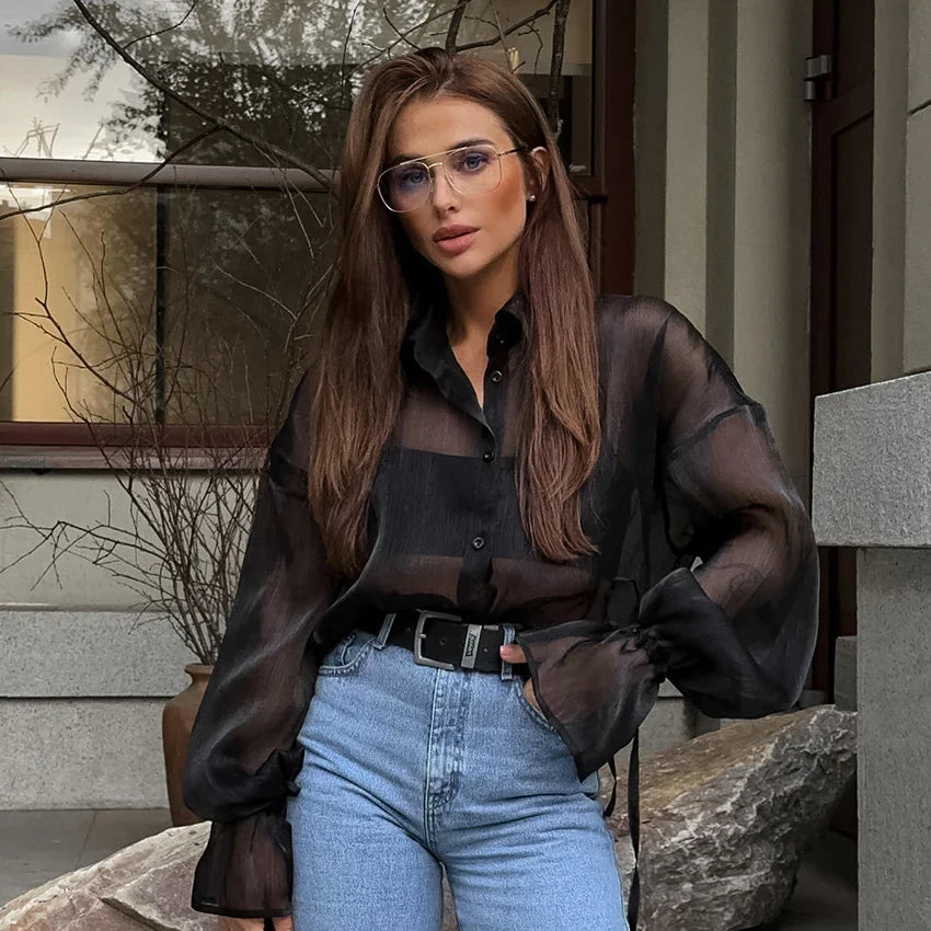 Loose Solid Color Black Shirts - S