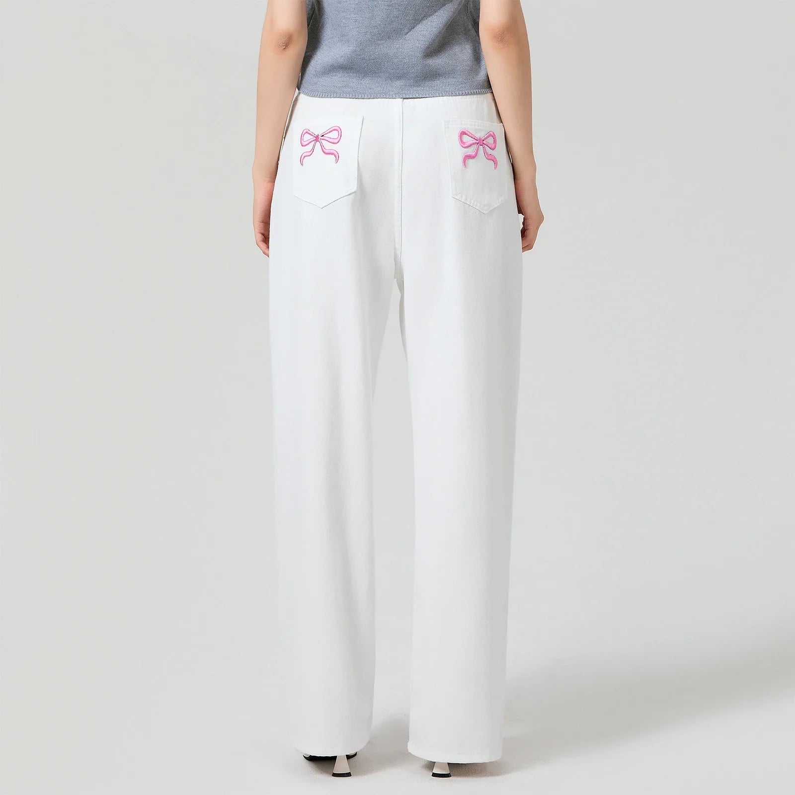 Low Waist Zipper Button Closure Bow Loose Trousers Women