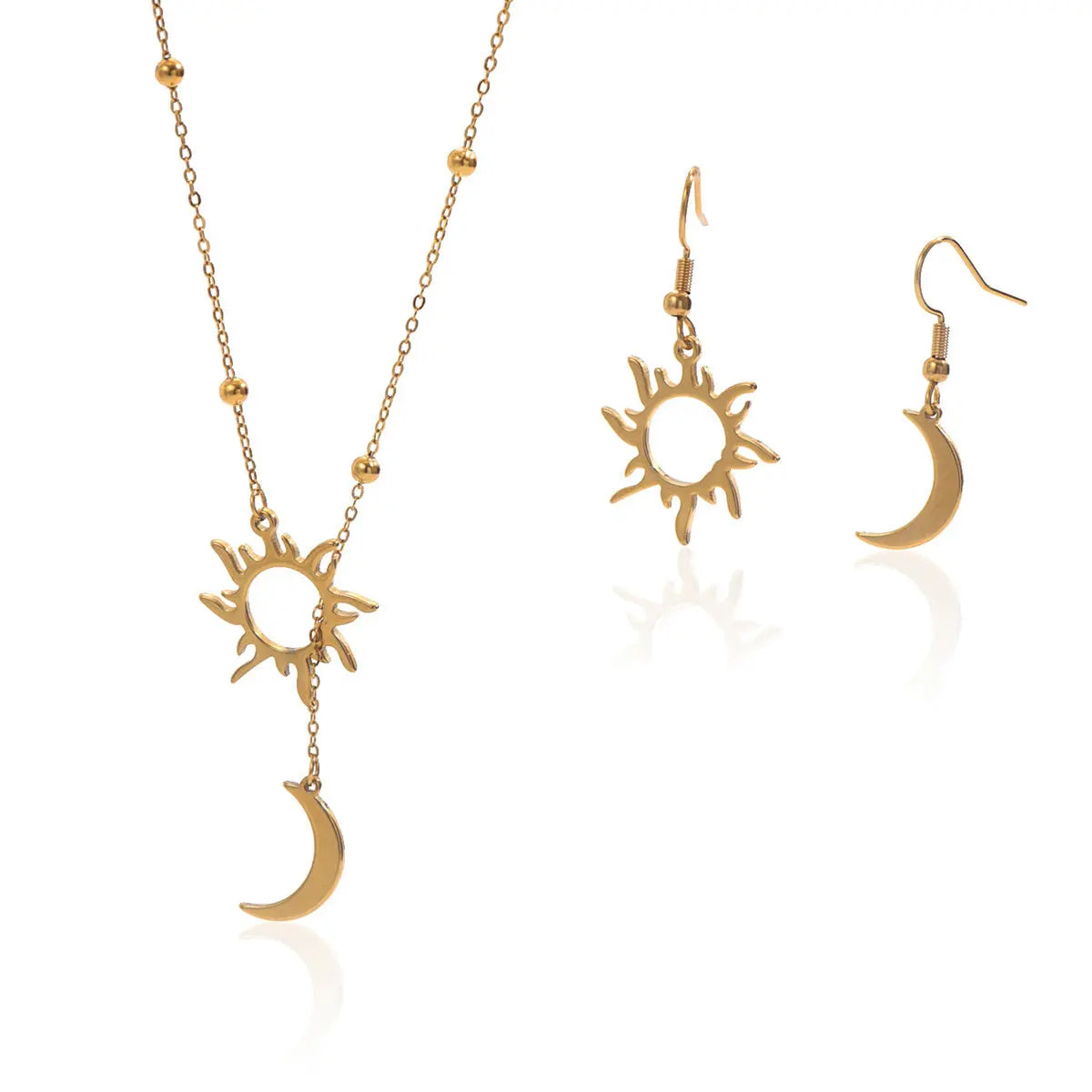 Lxalry 18K Gold Plated Sun Moon Jewelry Set Mirror Polish Hypoallergenic Necklace Earrings For Daily Evening Never Fade