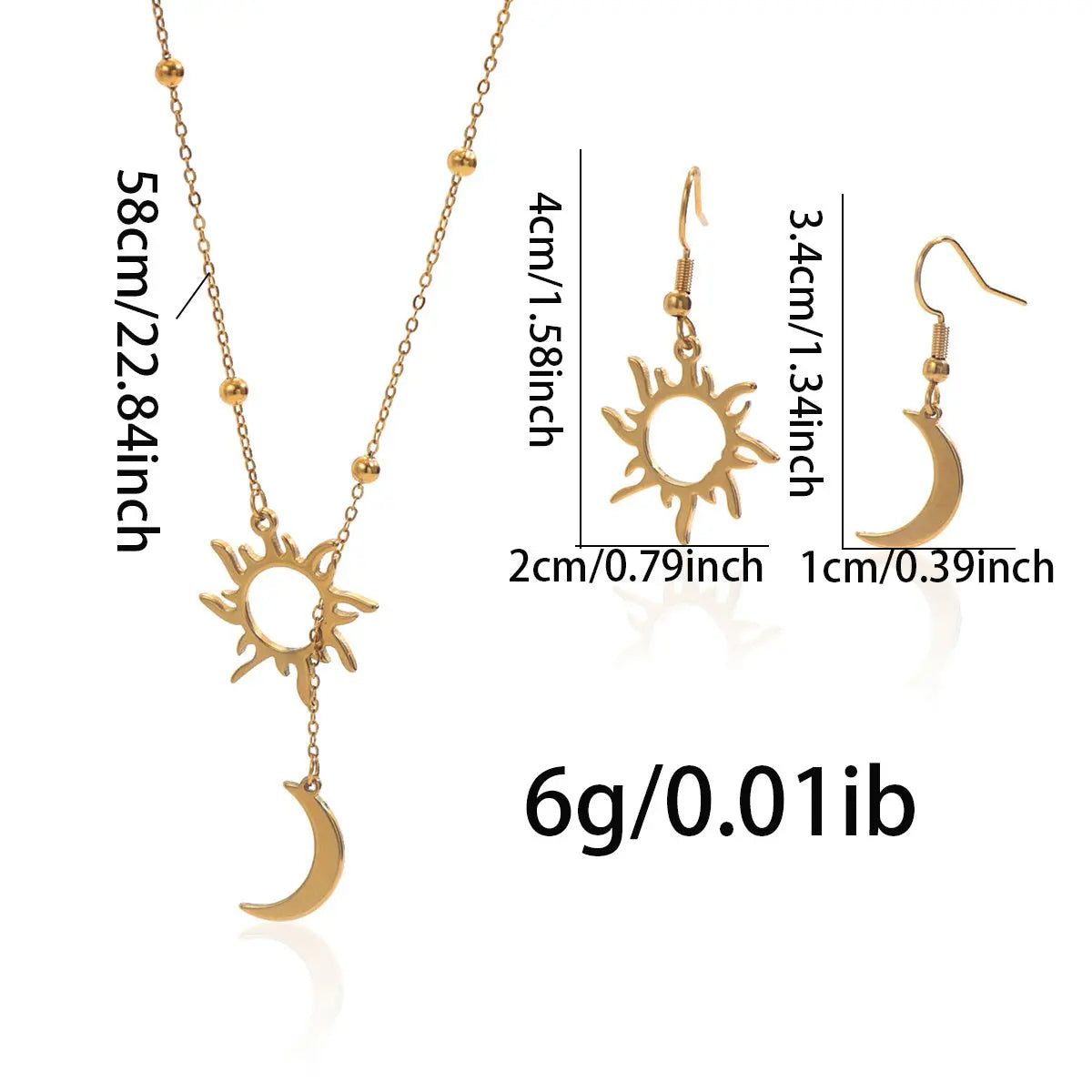 Lxalry 18K Gold Plated Sun Moon Jewelry Set Mirror Polish Hypoallergenic Necklace Earrings For Daily Evening Never Fade
