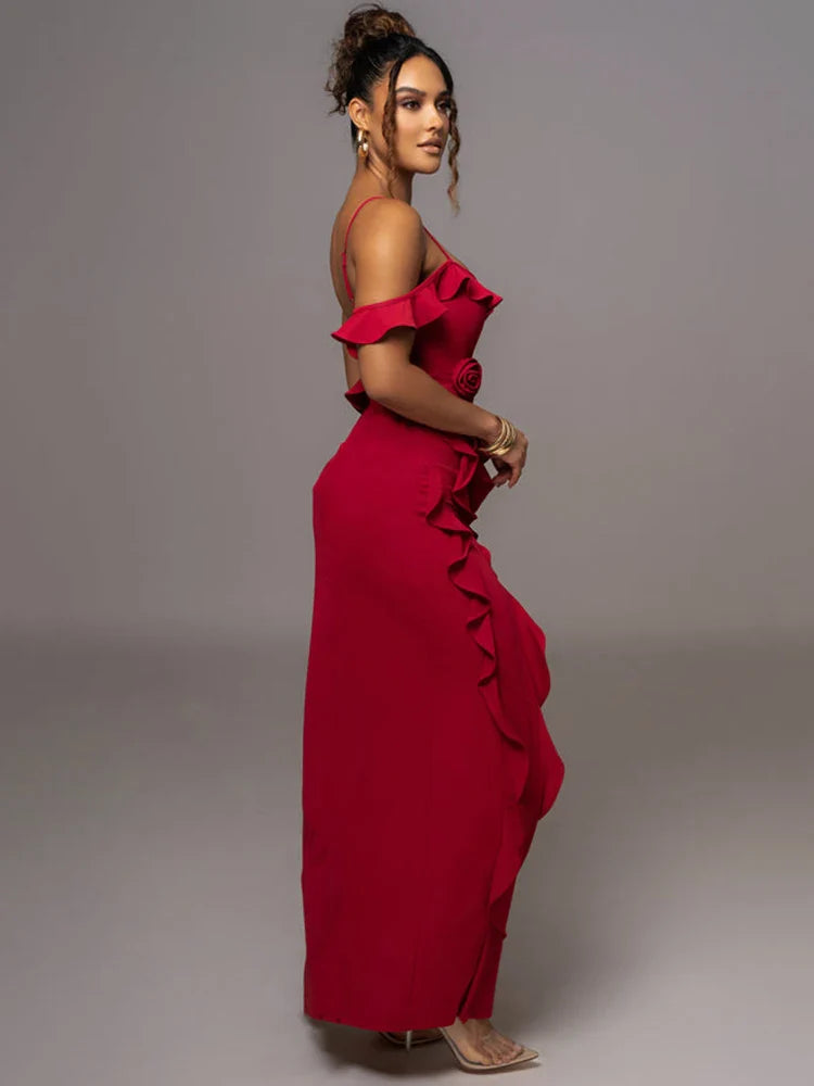 Maxi Dress Women Spaghetti Strap Flower Sleeveless Backless High Split Evening