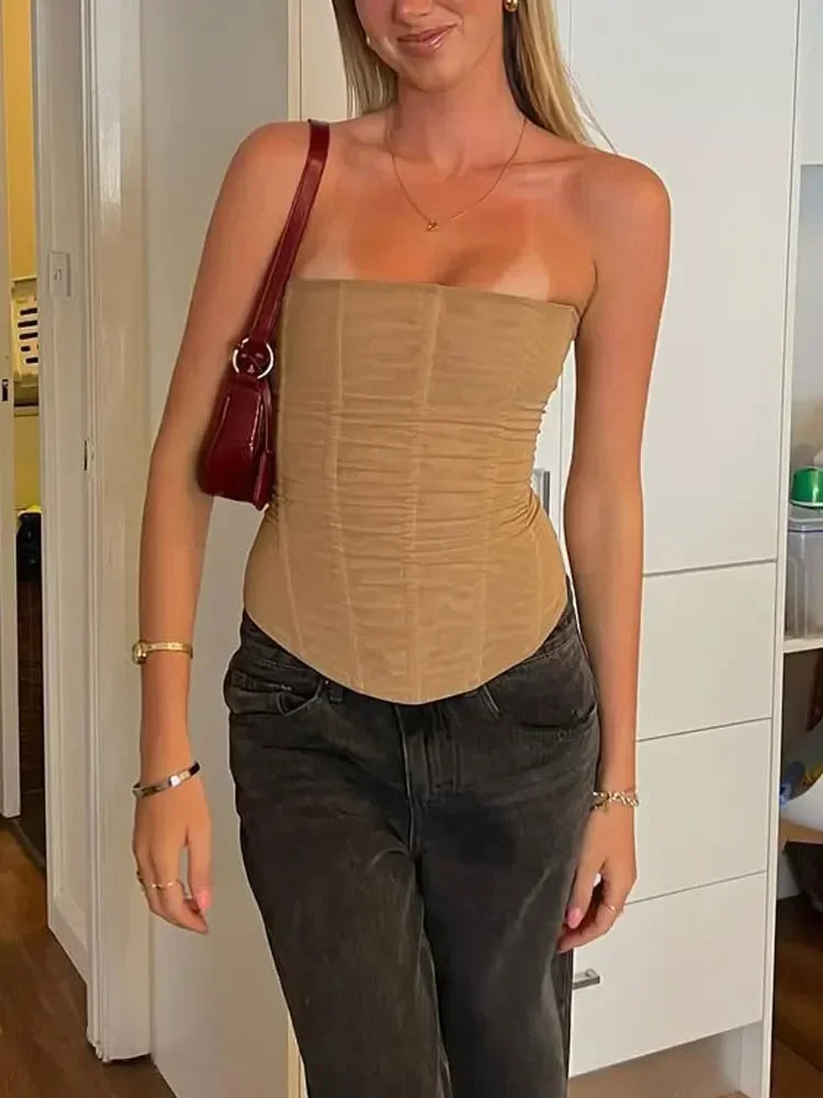 Mesh Backless Vest Strapless Solid Slim Top Women’s - Khaki / L