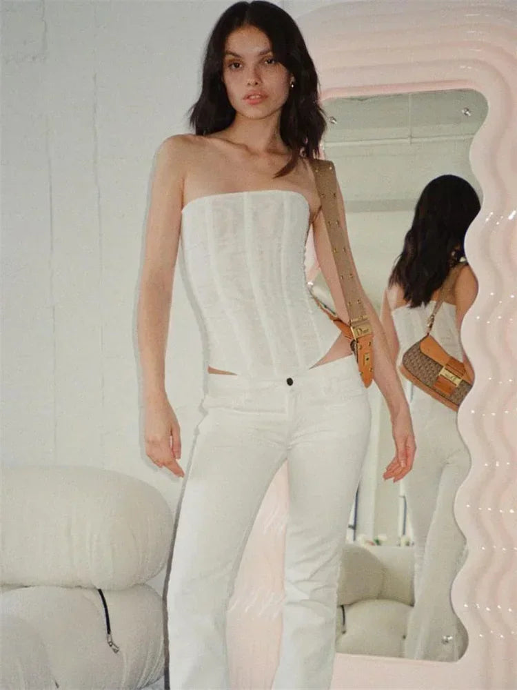 Mesh Backless Vest Strapless Solid Slim Top Women’s - WHITE / XL