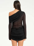Mesh One-shoulder Long Sleeve Mini Dress