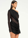 Mesh One-shoulder Long Sleeve Mini Dress