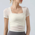 Mesh Patchwork Women Yoga Short Sleeve Fixed Cup T-shirt