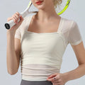 Mesh Patchwork Women Yoga Short Sleeve Fixed Cup T-shirt - ivory white / S