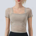 Mesh Patchwork Women Yoga Short Sleeve Fixed Cup T-shirt - khaki / S