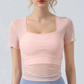 Mesh Patchwork Women Yoga Short Sleeve Fixed Cup T-shirt - pink / L