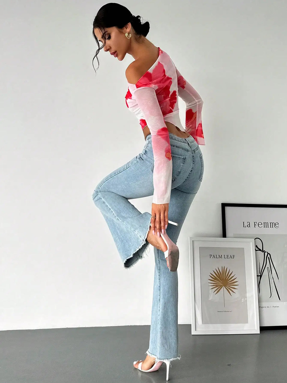 Mesh Print Diagonal Shoulder Long Sleeve Top - 25054-multicolour / L / CHINA