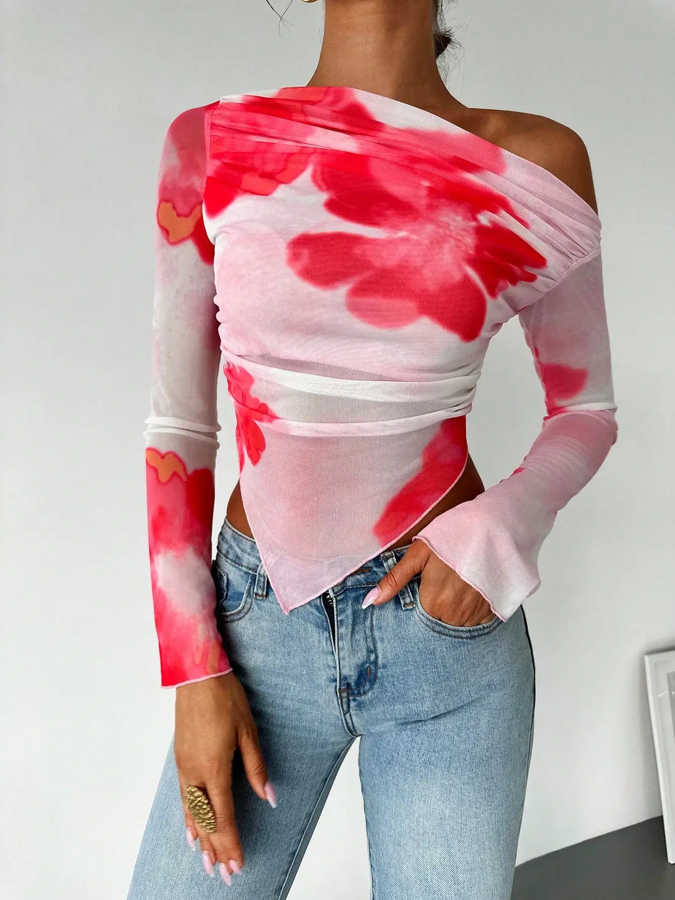 Mesh Print Diagonal Shoulder Long Sleeve Top