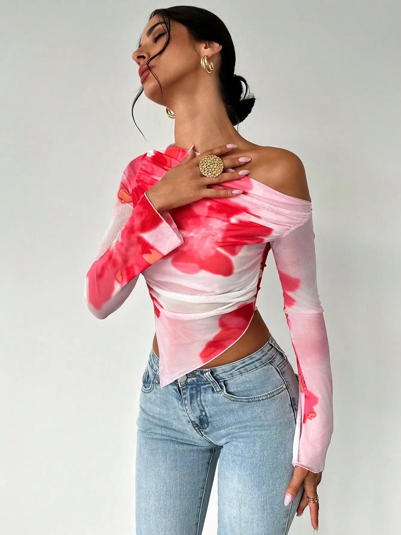Mesh Print Diagonal Shoulder Long Sleeve Top