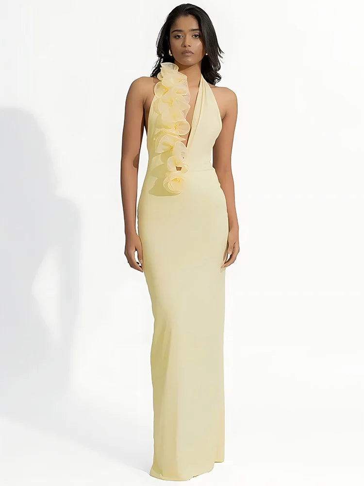 Mesh Rose Deep V Neck Maxi Dress For Women