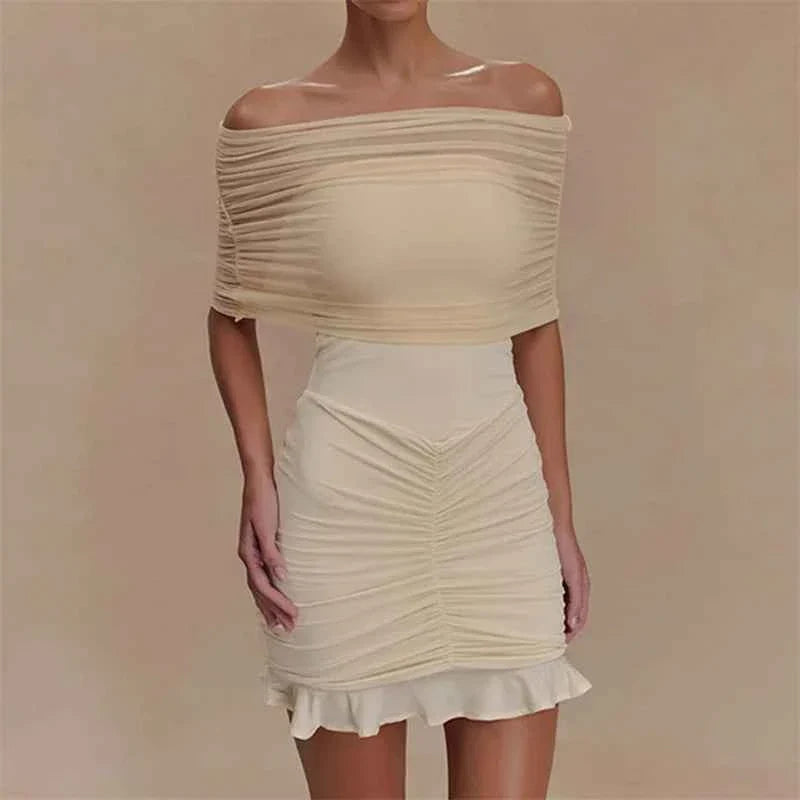 Mesh Strapless Off-shoulder Ruffled Mini Dress For Women