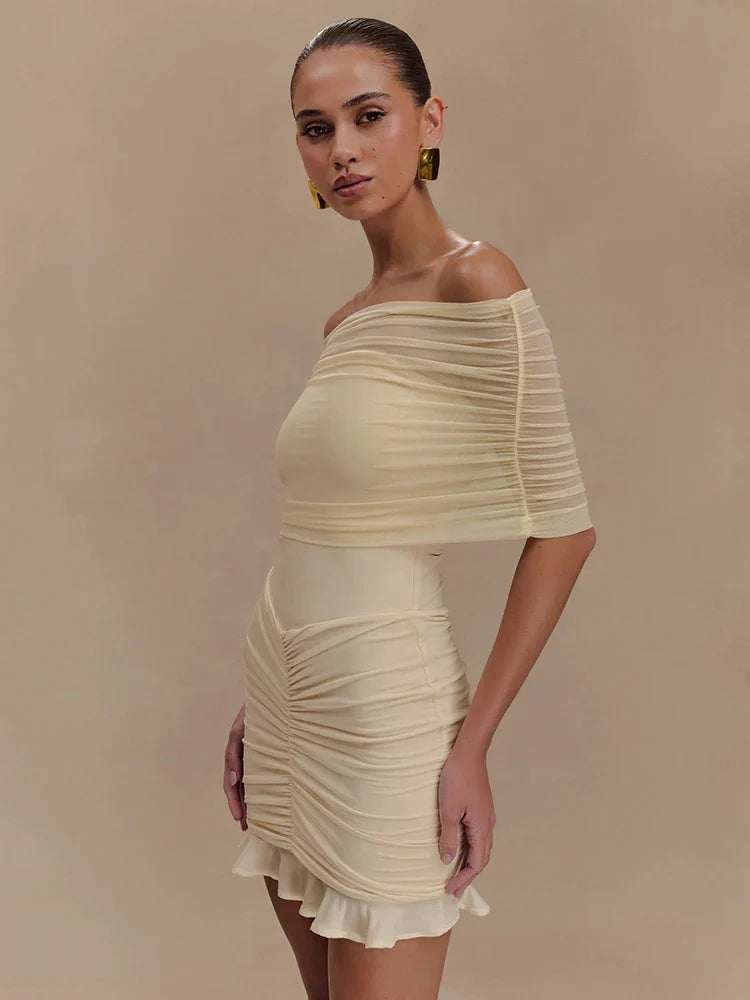 Mesh Strapless Off-shoulder Ruffled Mini Dress For Women - Yellow / M