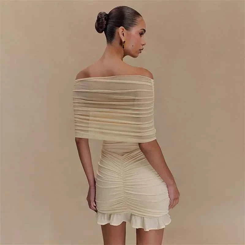 Mesh Strapless Off-shoulder Ruffled Mini Dress For Women
