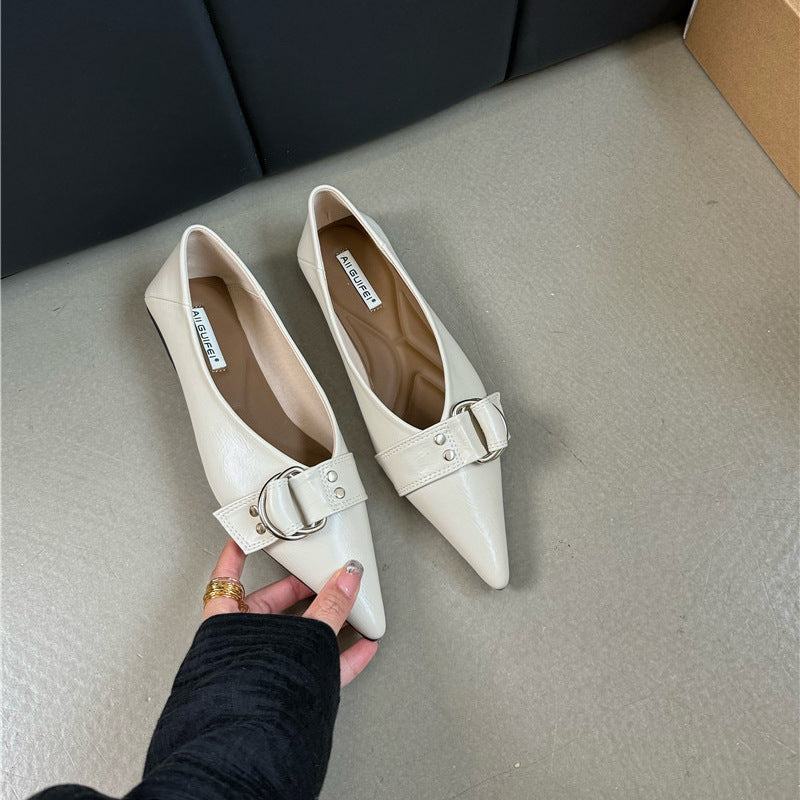 Metal Belt Buckle French Pointed Flat Bottom Pumps - Apricot / 35 - Dress Shirts