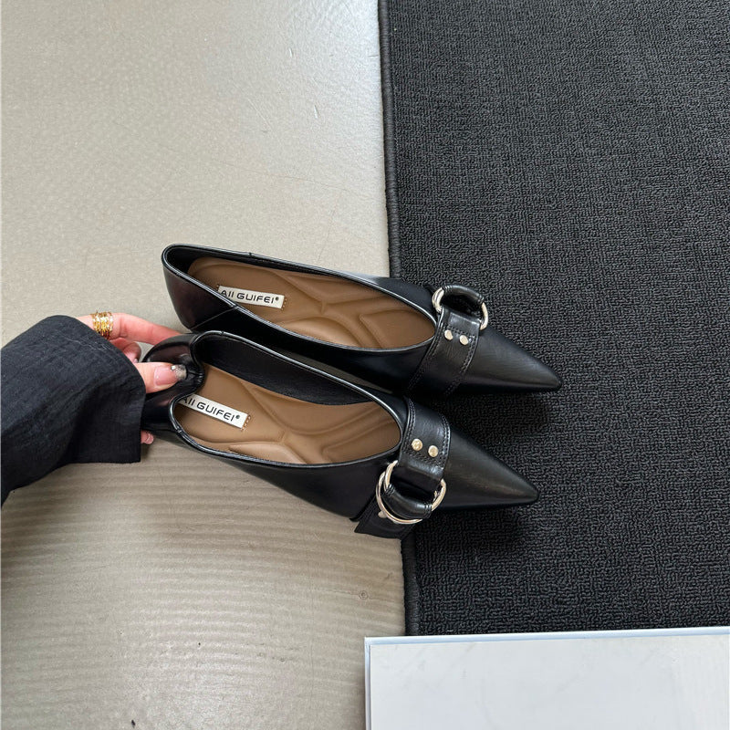 Metal Belt Buckle French Pointed Flat Bottom Pumps - Black / 35 - Dress Shirts