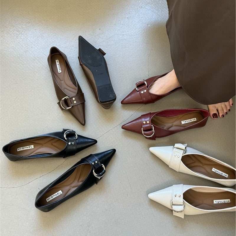 Metal Belt Buckle French Pointed Flat Bottom Pumps - Dress Shirts