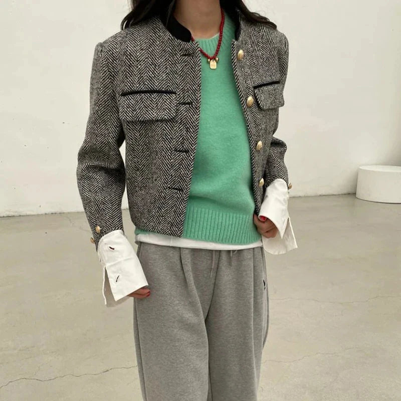 Metal Button Stand Collar Jackets for Women - Other