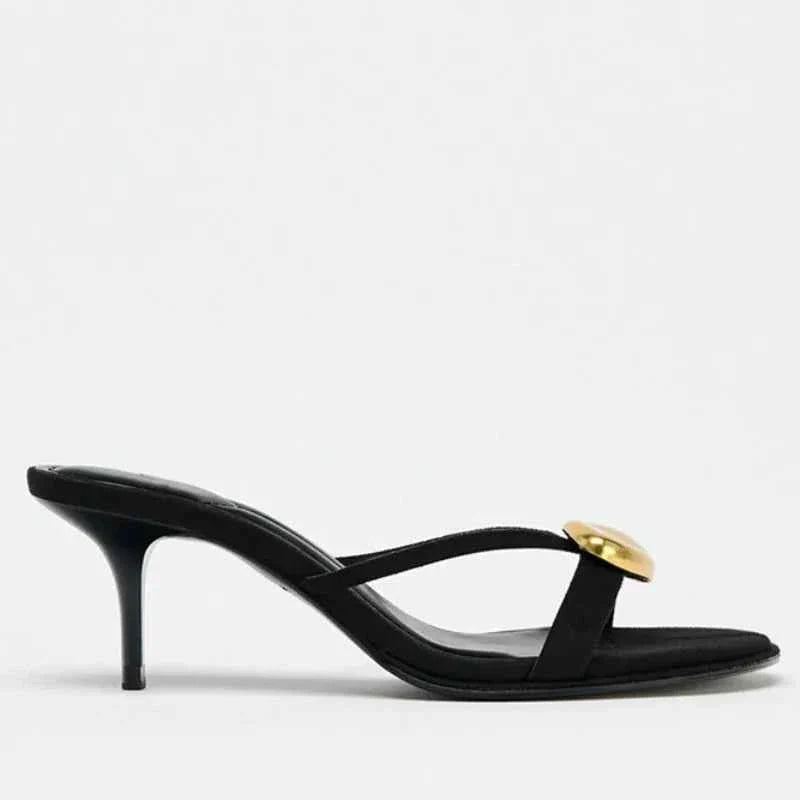 Metal Decorative Black High-heeled Sandals Women