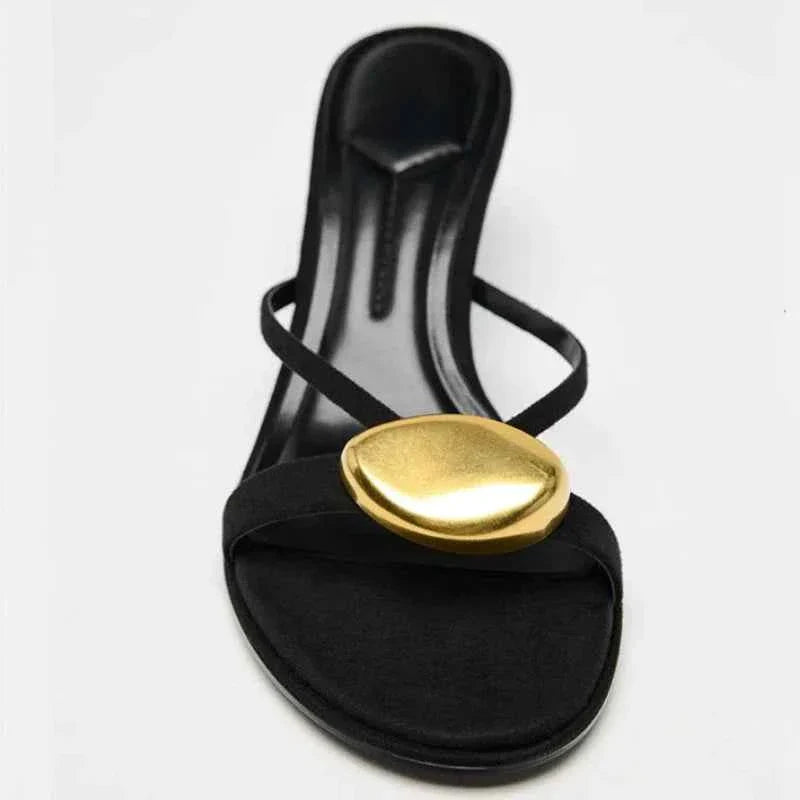 Metal Decorative Black High-heeled Sandals Women