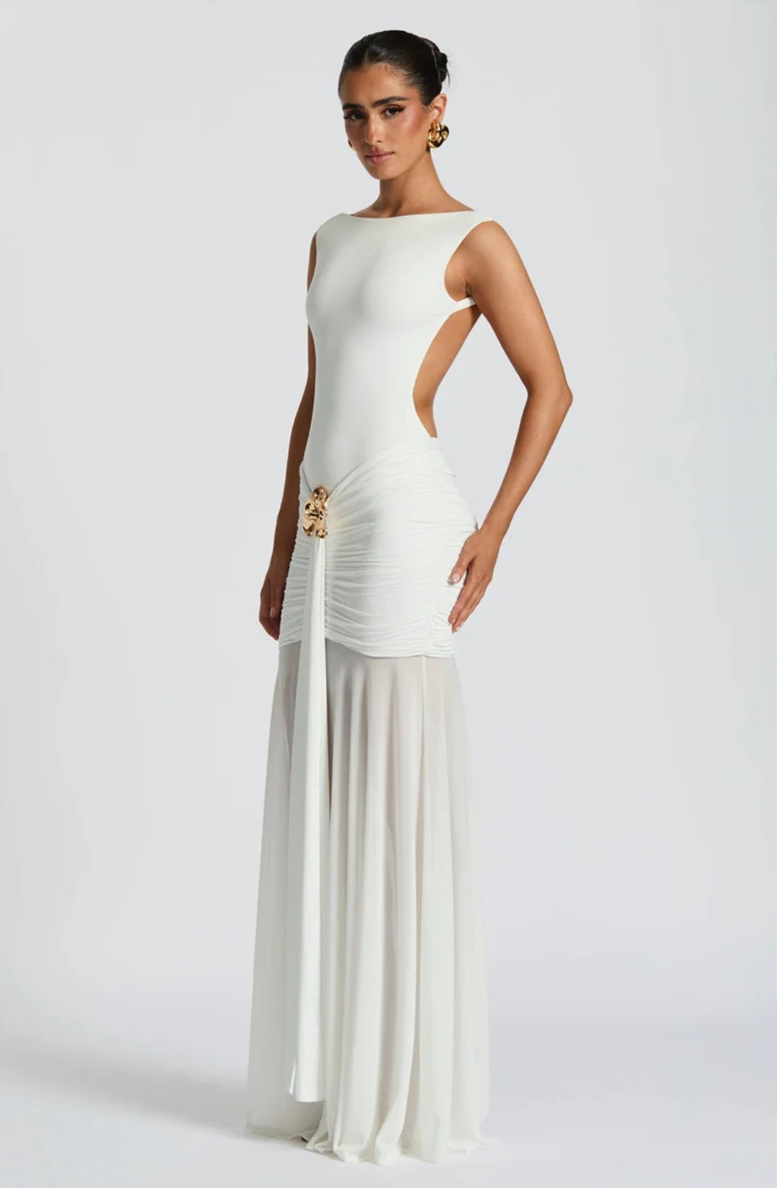 Metal Flower Backless Ruched Maxi Dress Women