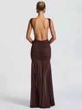 Metal Flower Backless Ruched Maxi Dress Women