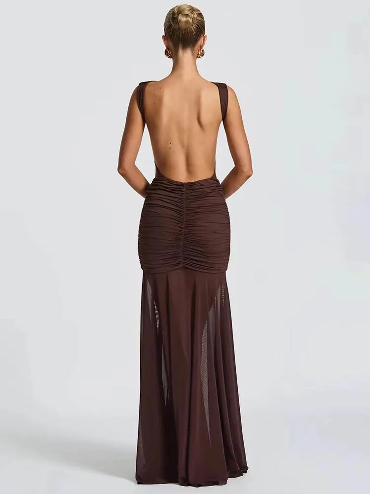 Metal Flower Backless Ruched Maxi Dress Women