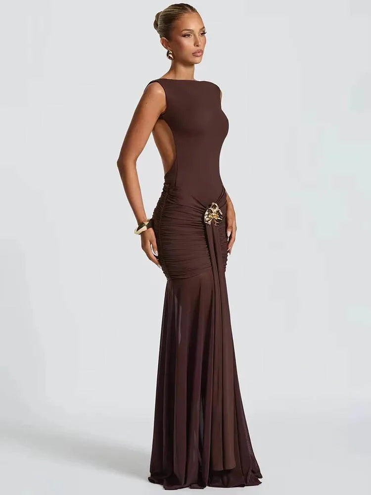 Metal Flower Backless Ruched Maxi Dress Women