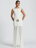 Metal Flower Backless Ruched Maxi Dress Women - WHITE / L