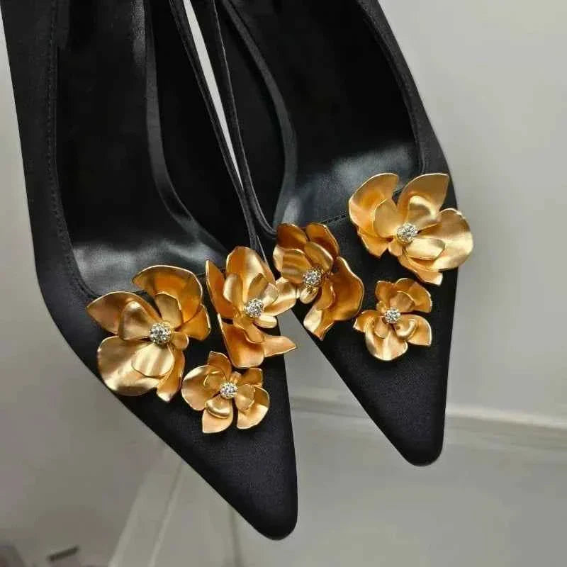 Metal Flower Pointed Toe High Heels Satin Shoes Pumps