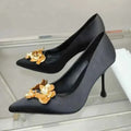 Metal Flower Pointed Toe High Heels Satin Shoes Pumps