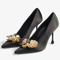 Metal Flower Pointed Toe High Heels Satin Shoes Pumps