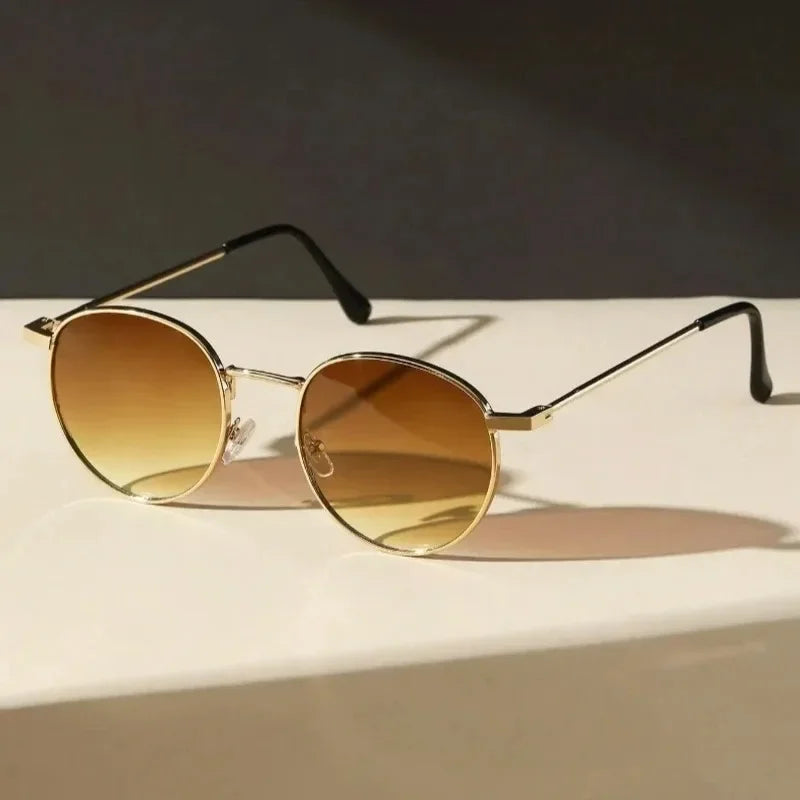 Metal Round Frame Vintage Casual Sunglasses - Gold Tea