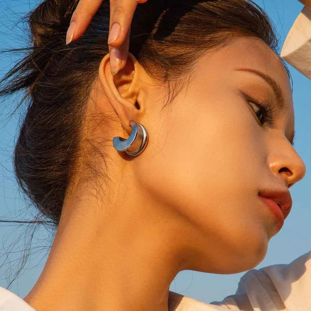 Minimalist Glossy Stainless Steel Metal Geometry Texture Stud Earrings