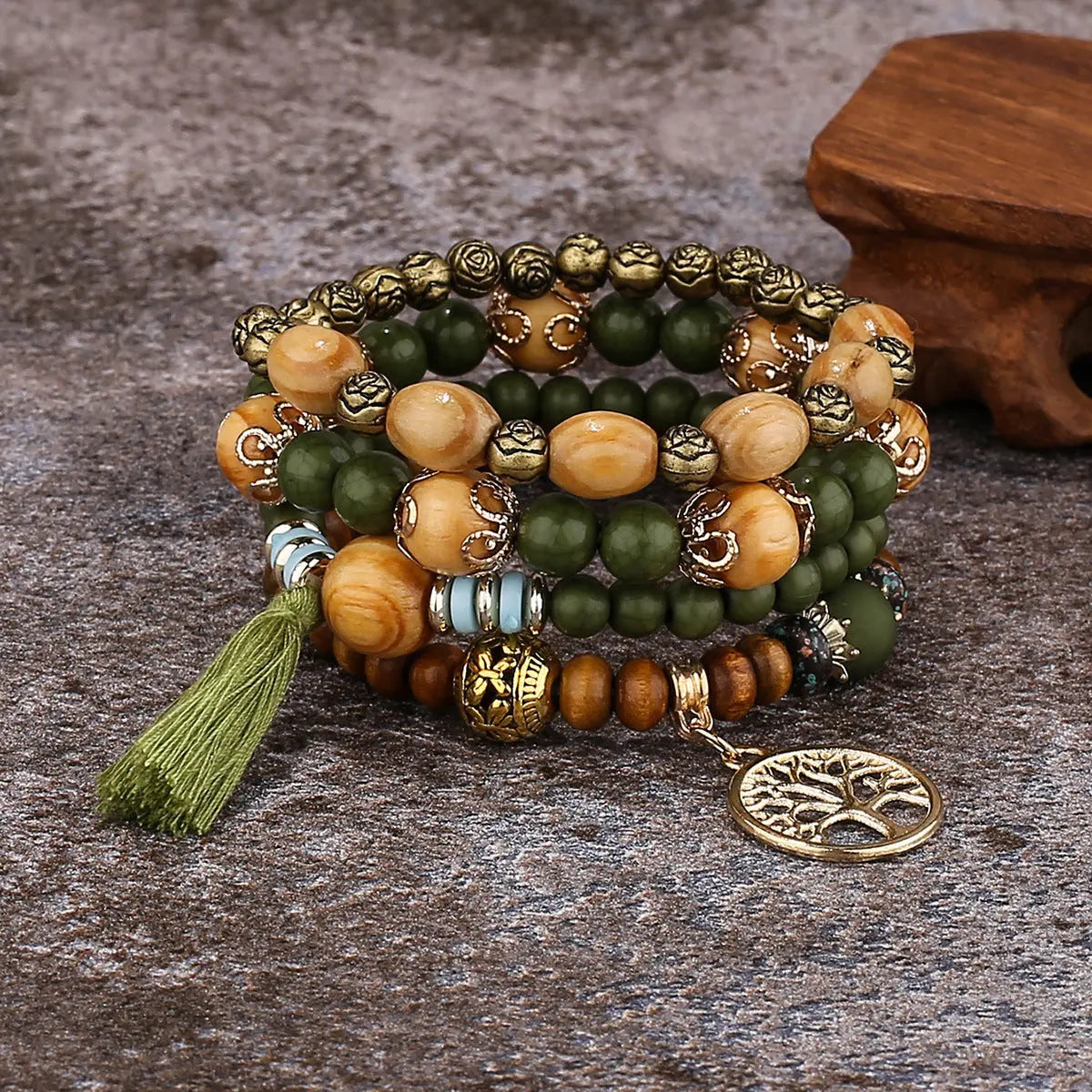 Multi-layer Wooden Bead Beaded Bracelet Elastic - B0010 Army Green - electronic accessories