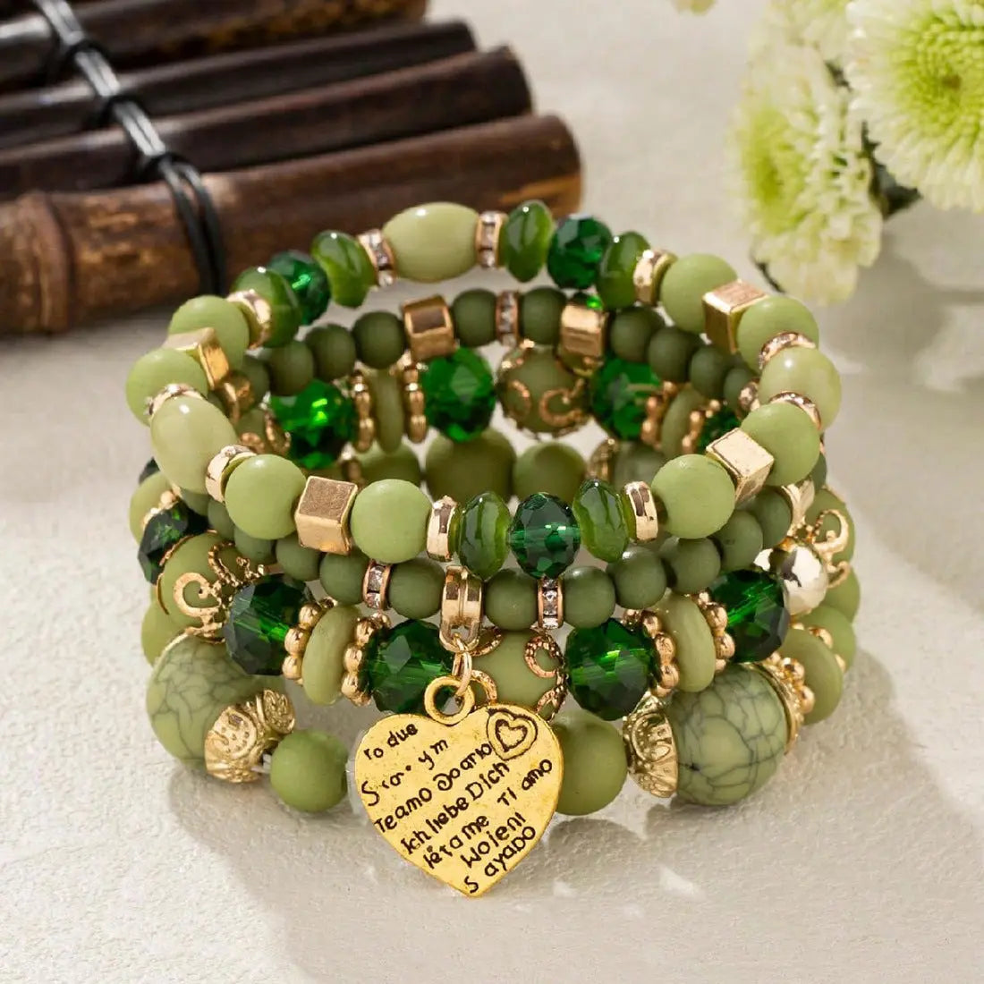 Multi-layer Wooden Bead Beaded Bracelet Elastic - B0013 Army Green - electronic accessories