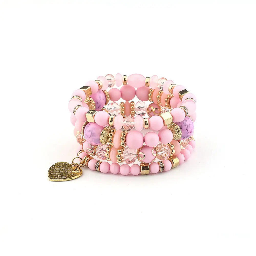 Multi-layer Wooden Bead Beaded Bracelet Elastic - B0013 Pink - electronic accessories