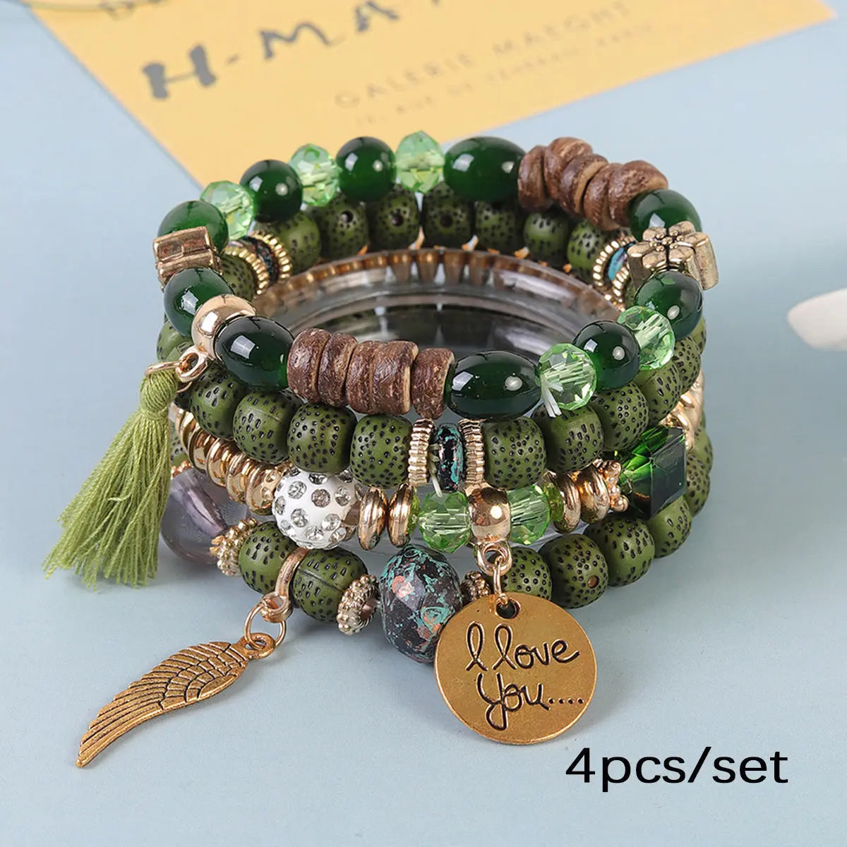 Multi-layer Wooden Bead Beaded Bracelet Elastic - B1038 Army Green - electronic accessories