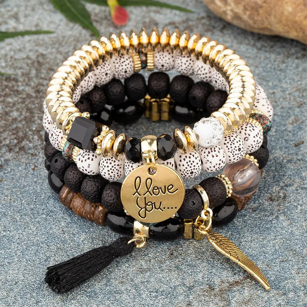 Multi-layer Wooden Bead Beaded Bracelet Elastic - B1038 Black - electronic accessories