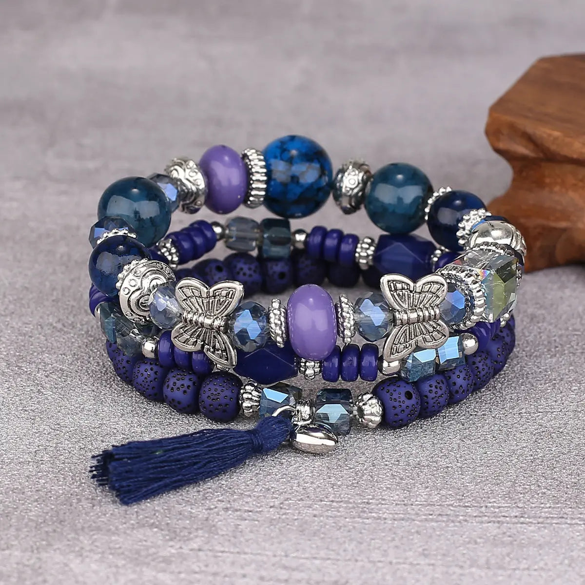 Multi-layer Wooden Bead Beaded Bracelet Elastic - B104 Blue Black - electronic accessories