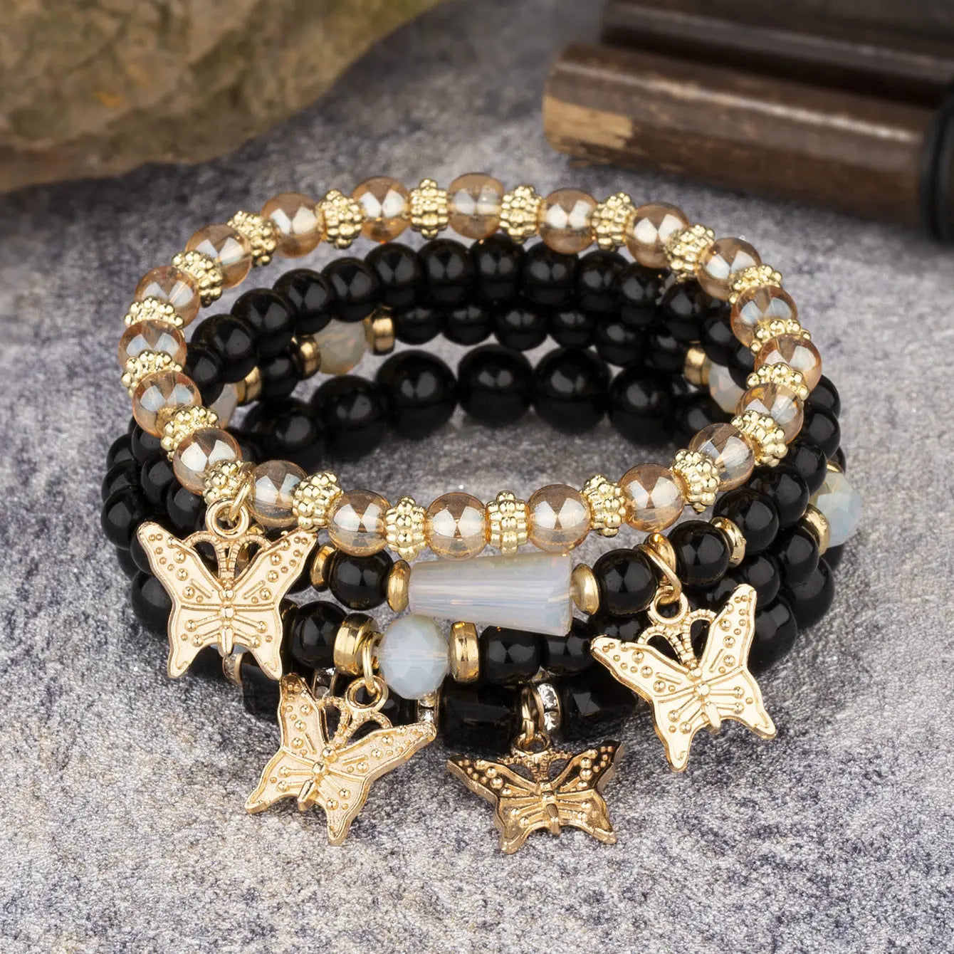 Multi-layer Wooden Bead Beaded Bracelet Elastic - B138 Black - electronic accessories