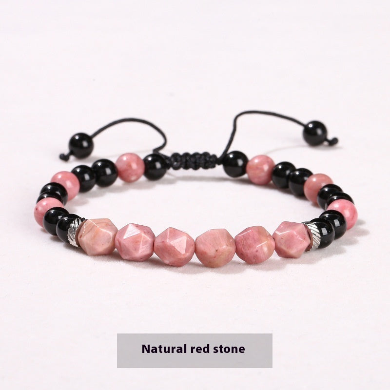 Natural Crystal Diamond Rhombus Bead Woven Bracelet - Rhodochrosite / 8and6mm - electronic accessories