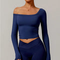 Navy blue long-sleeve off-the-shoulder women yoga shirts crop top