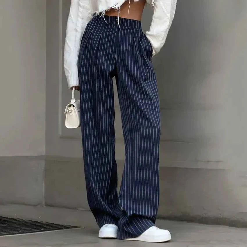 Navy Blue Striped Wide Leg Pants For Women
