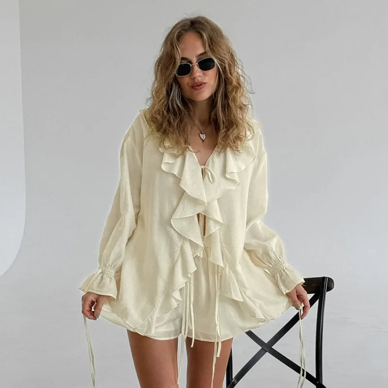 New Casual Shorts Two-piece Set Women’s Ruffled Loose Tie - Other