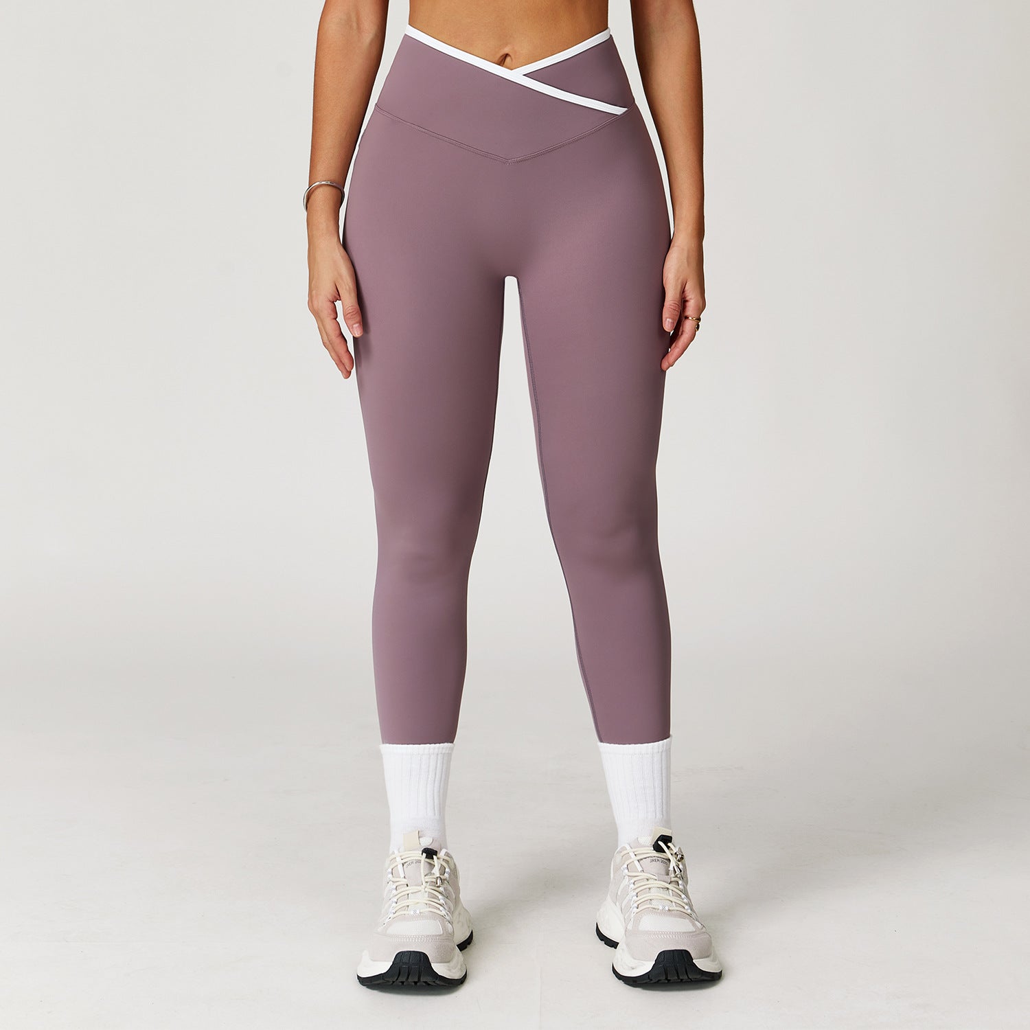 Nude Feel Skinny Yoga Pants Cross High Waist Contrast Color Women - Taro Purple / L - Other