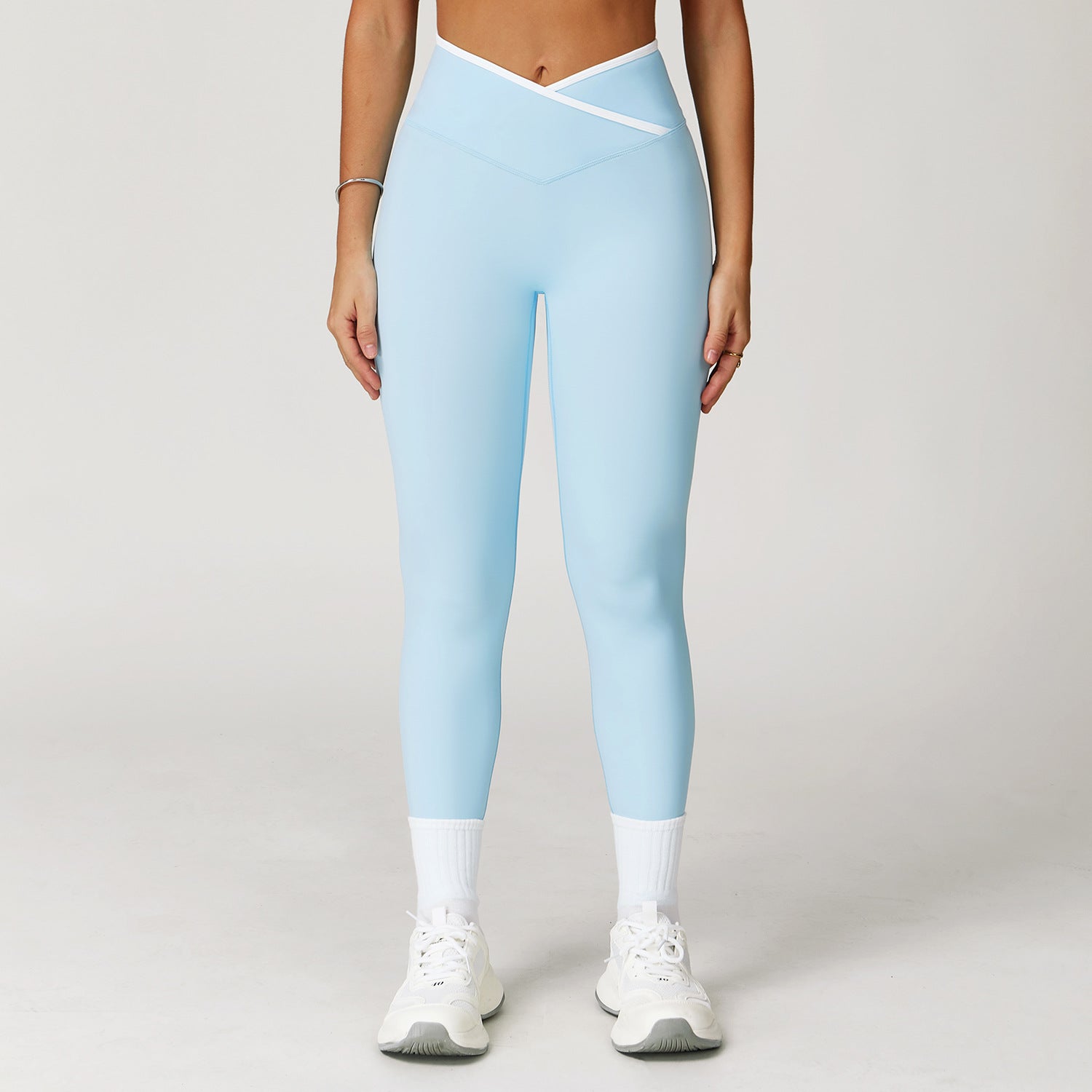 Nude Feel Skinny Yoga Pants Cross High Waist Contrast Color Women - Wave Blue / L - Other